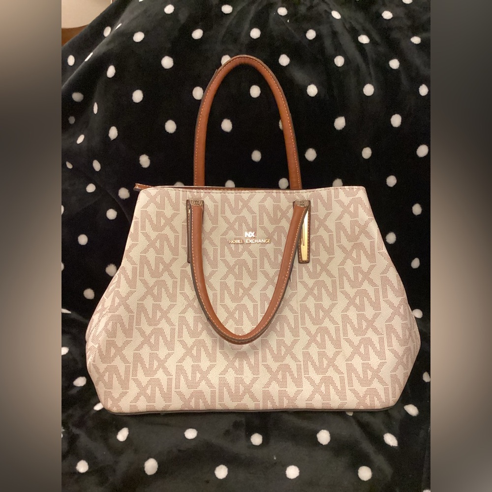 Noble Exchange Logo Pattern Satchel in Cream and Brown